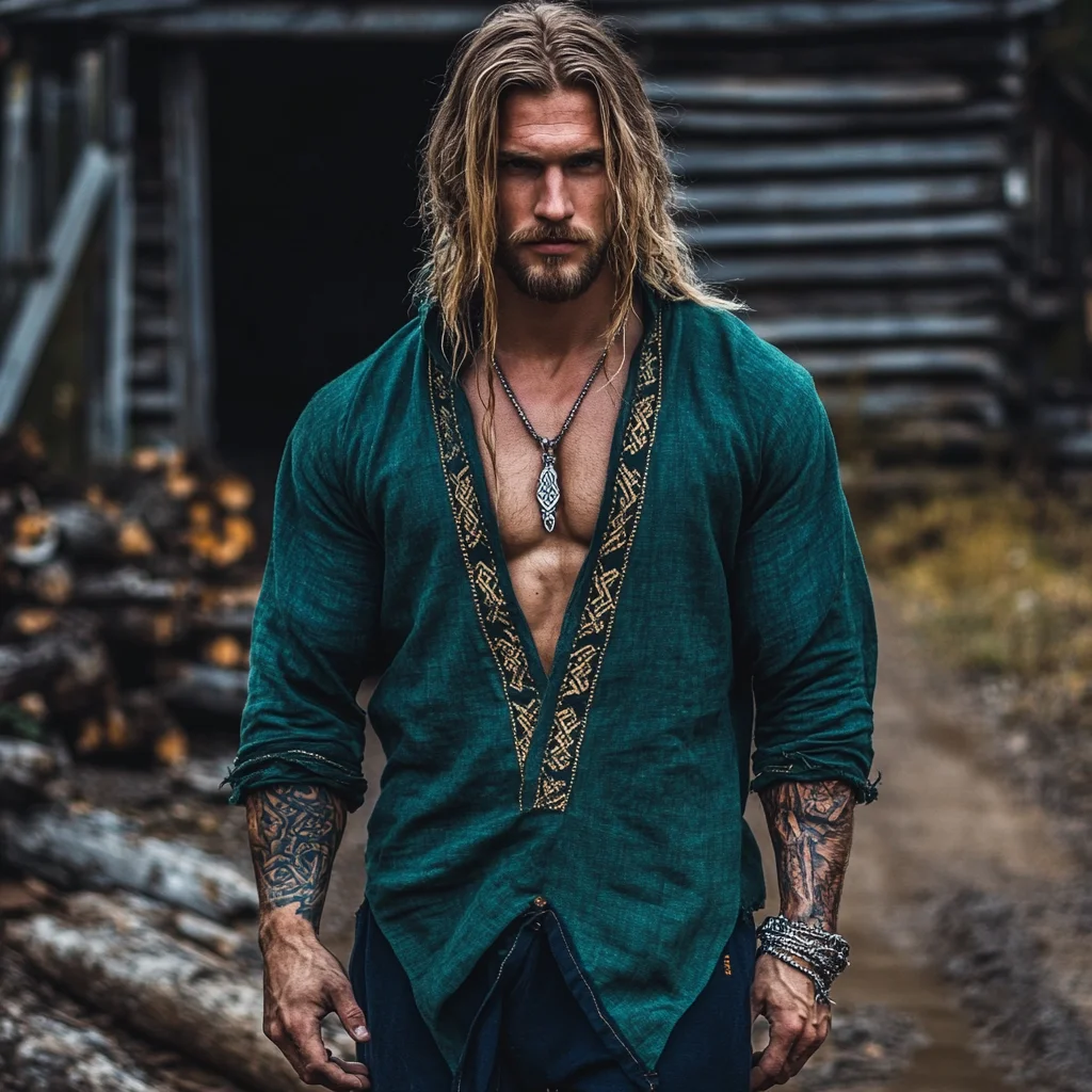  Viking-Inspired Embroidered Hooded Tunic for Men-inspireuse