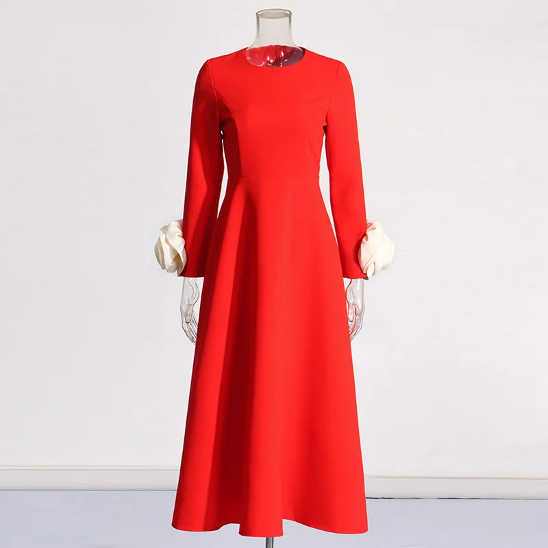 Zingj Elegant Style Style Slim Long Dress 2025 Summer New Design Sense Splicing Three-Dimensional Flowers Long Sleeve Dress