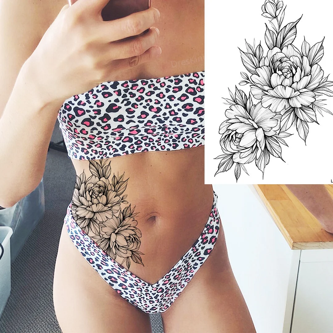 Black Peony flower pendant Temporary Tattoos For Women Adult Mandala Thigh elephant Fake Tattoo Sexy washable tatoos decal