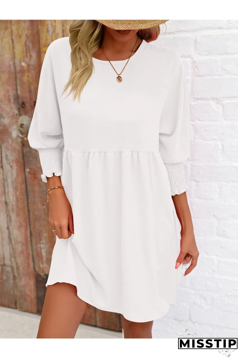 Round Neck Lantern Sleeve Mini Dress