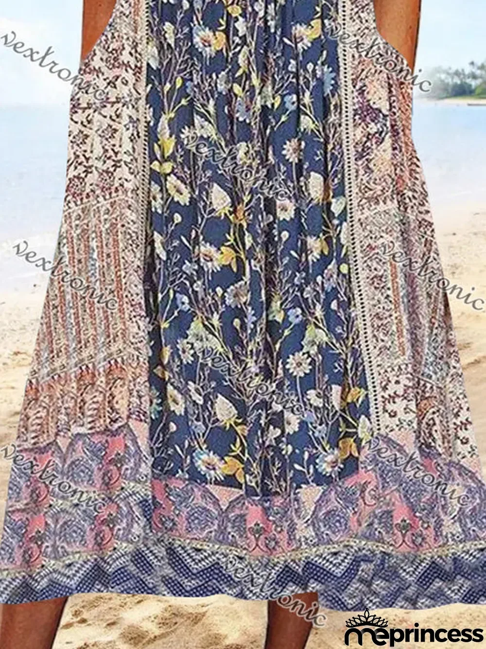 Women's Colorful Short Sleeve V-neck Graphic Floral Printed Midi Dress