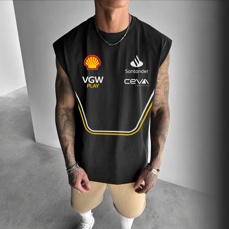 Men's Black Loose Casual Racing Print Sleeveless Vest / TECHWEAR CLUB / Techwear
