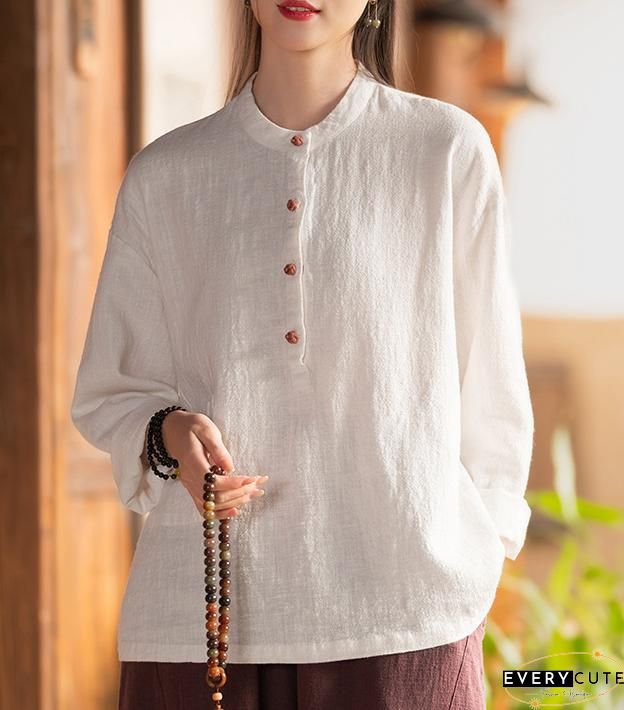 Loose Apricot Chinese Button Patchwork Cotton Shirts Summer