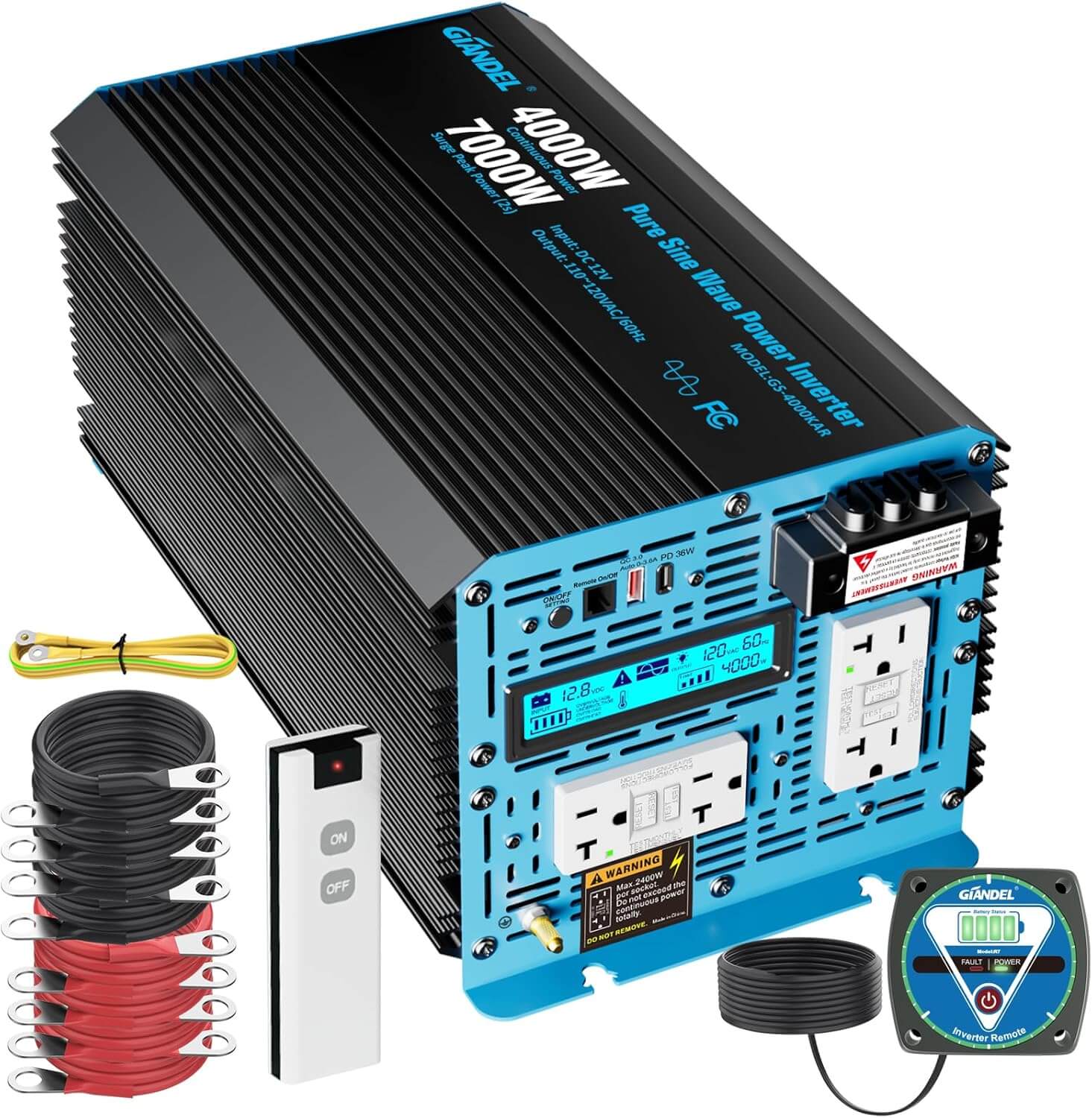 4000W Power Inverter Pure Sine Wave 12V DC to  120V AC  7000W Surge