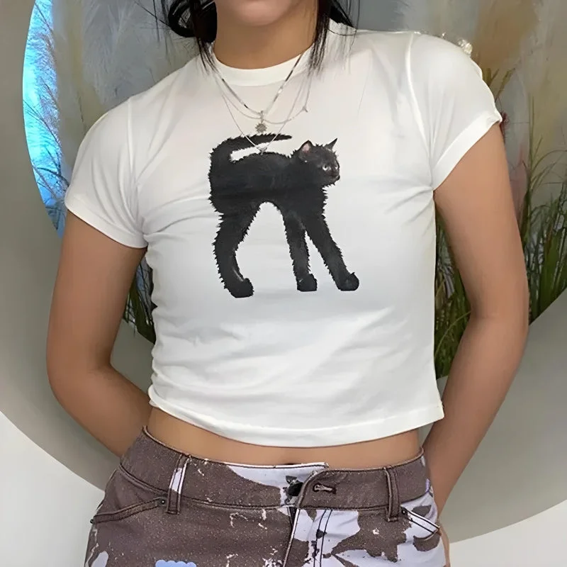 Brownm Cat Crop Tee