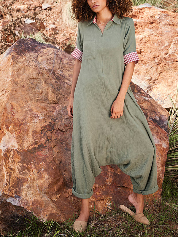 Half Sleeve Plaid Detail Front Side Pocket Jumpsuit