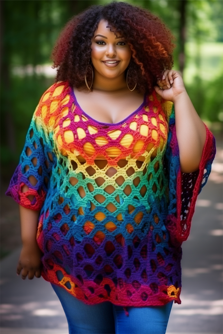 Xpluswear Design Plus Size Beach Casual Multicolor Colorblock Spring Summer Round Neck 3/4 Sleeve Crochet Blouses [Pre-Order]