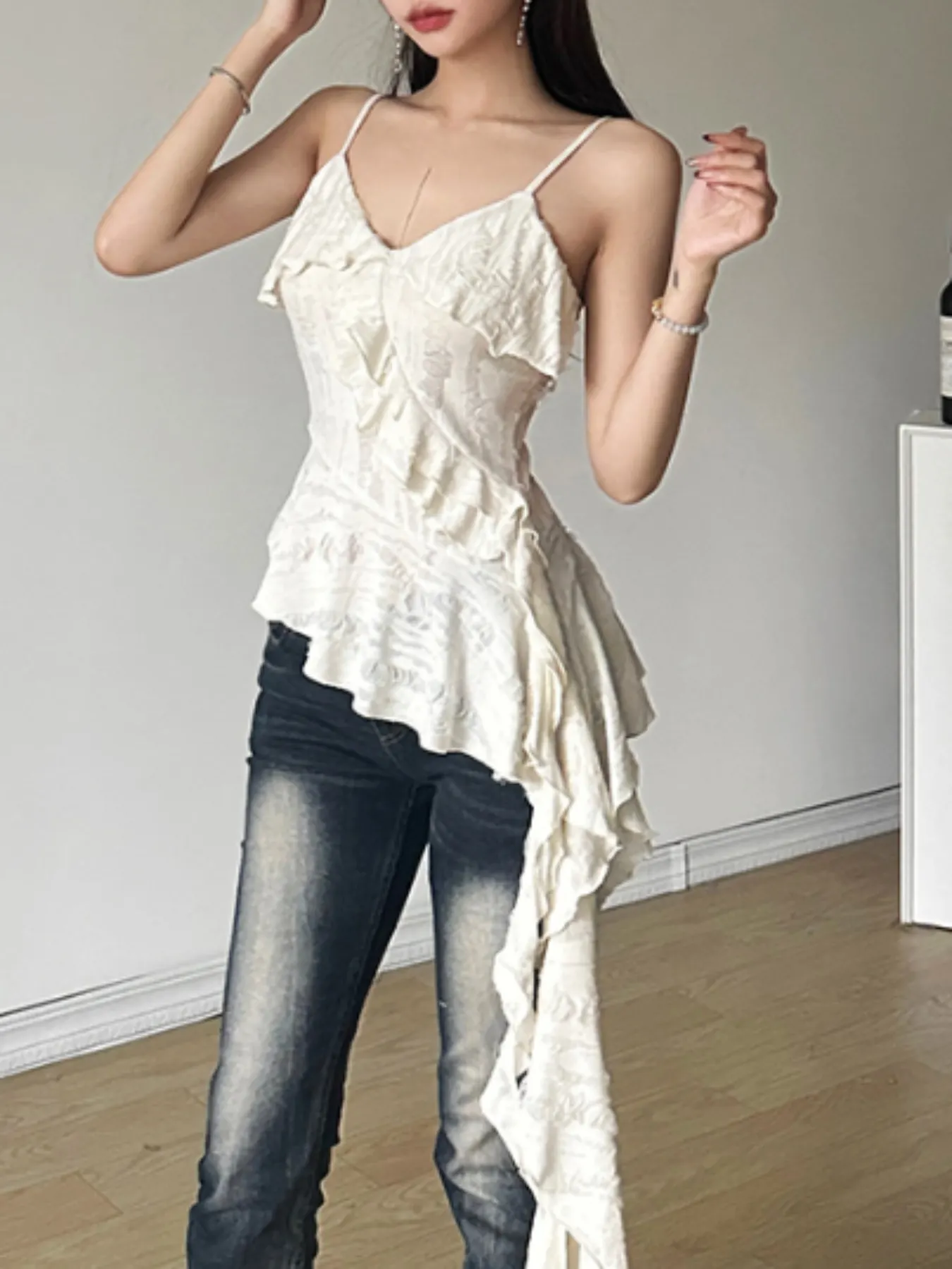 Womens Asymmetrical Cami Tops Sleeveless Spaghetti Straps Distressed Ruffle Camisole Tank | IFYHOME
