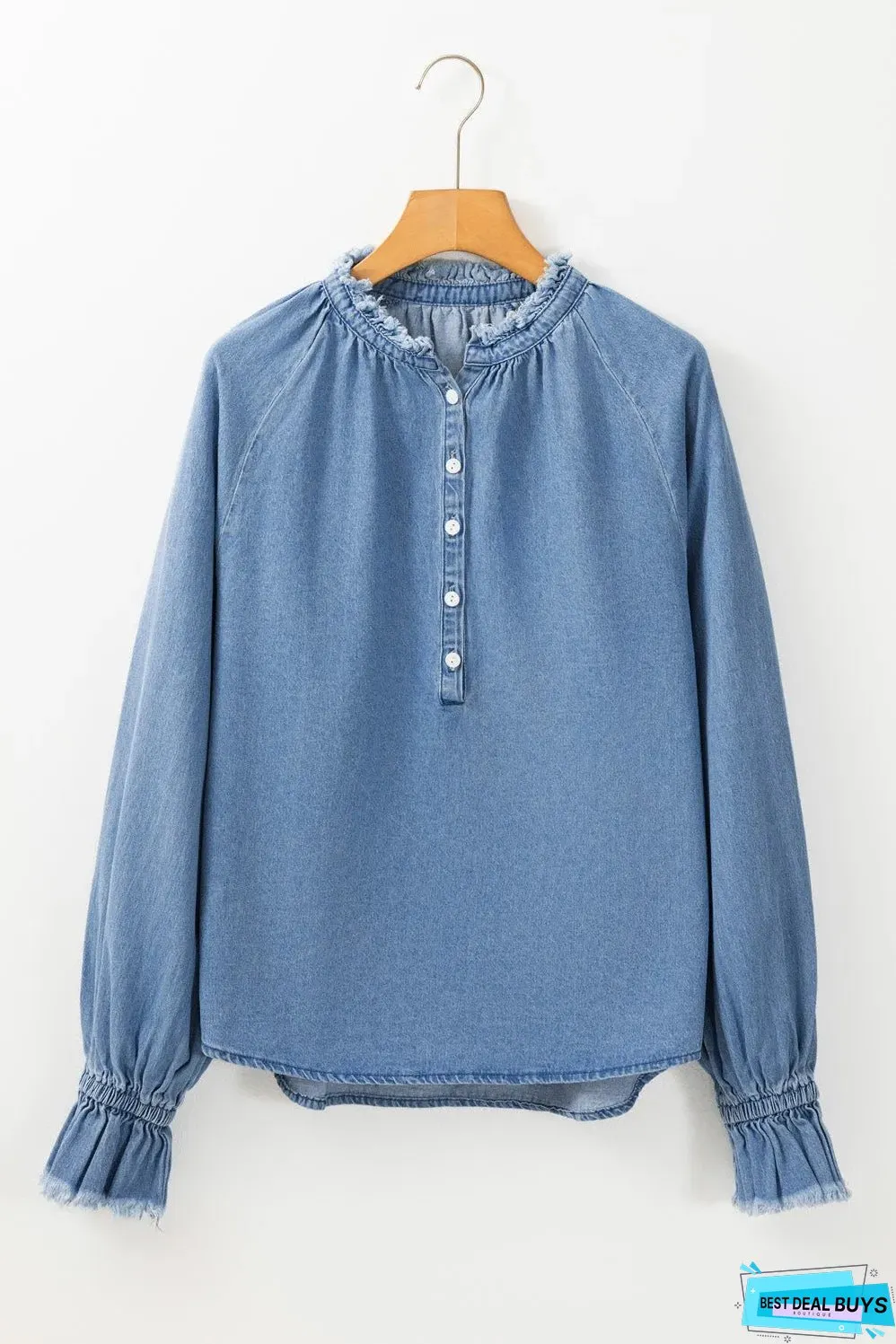Sky Blue Frilled Raw Hem Half Buttoned Denim Top