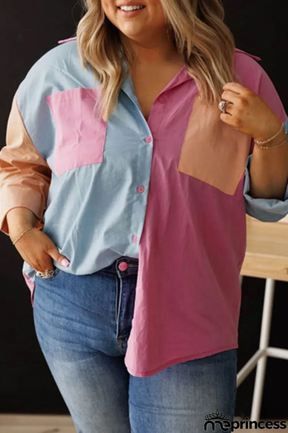 Pink Color Block Chest Pockets Plus Size Shirt
