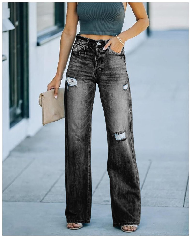 Autumn Street Hipster Straight-leg Pants Ripped Jeans Women's