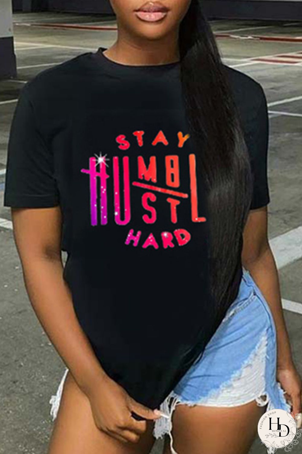 Black Fashion Casual Print Basic O Neck T-Shirts