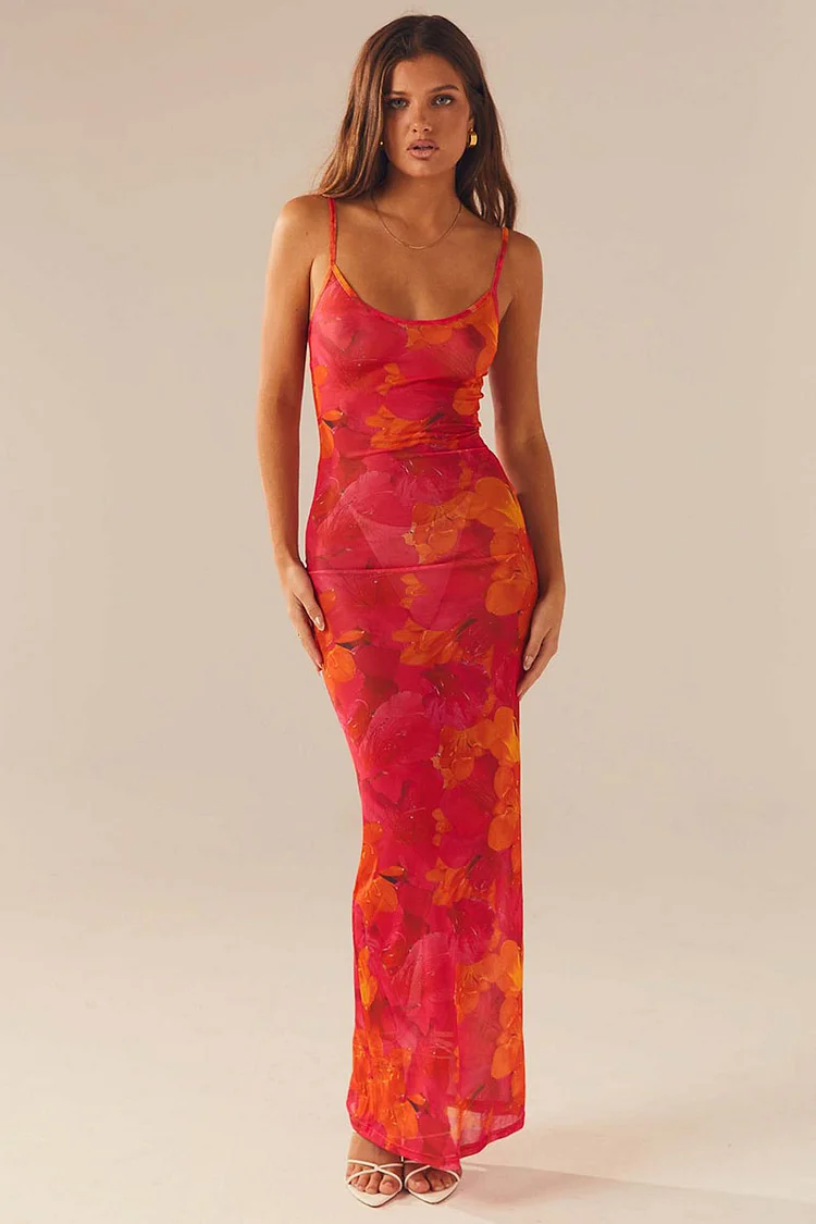 Mesh Floral Print U Neck Bodycon Fishtail Vacation Slip Maxi Dresses