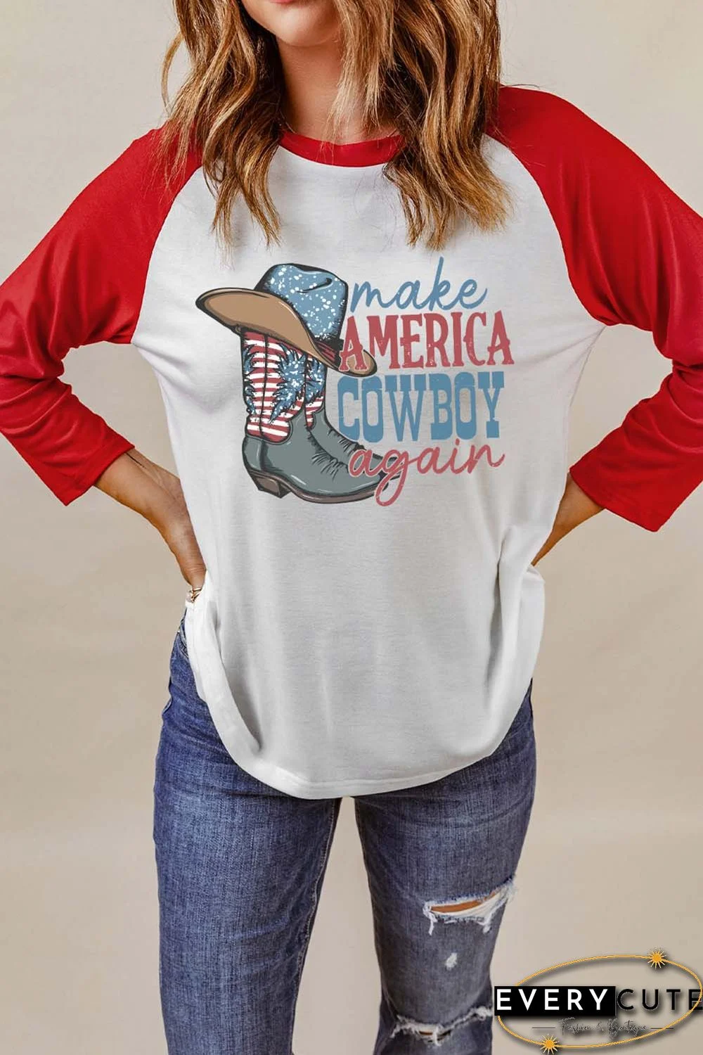 Red Make AMERICA COWBOY again Graphic Raglan Sleeve Top