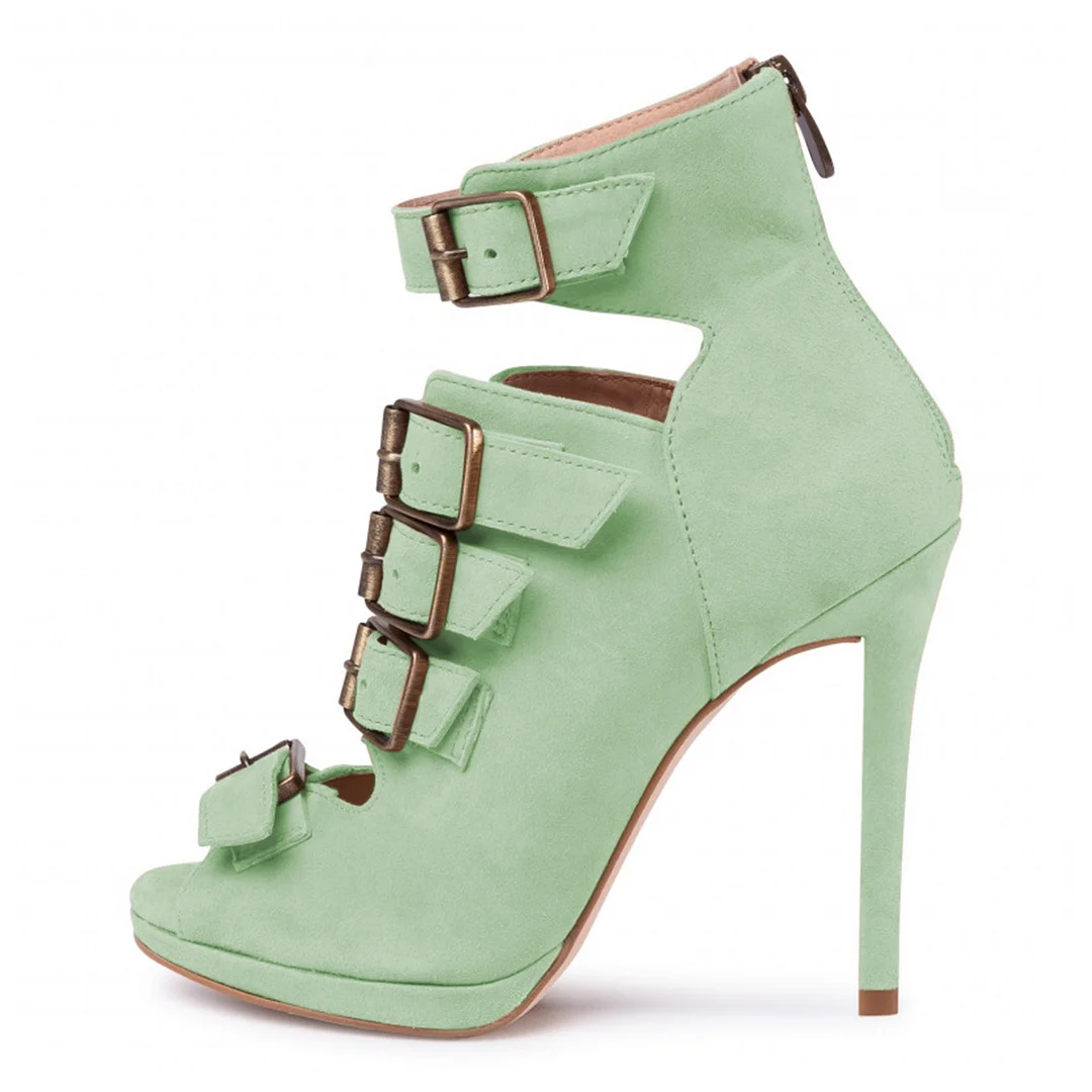 Faux Suede Platform Buckle Strap Heel Green Gladiator Sandals