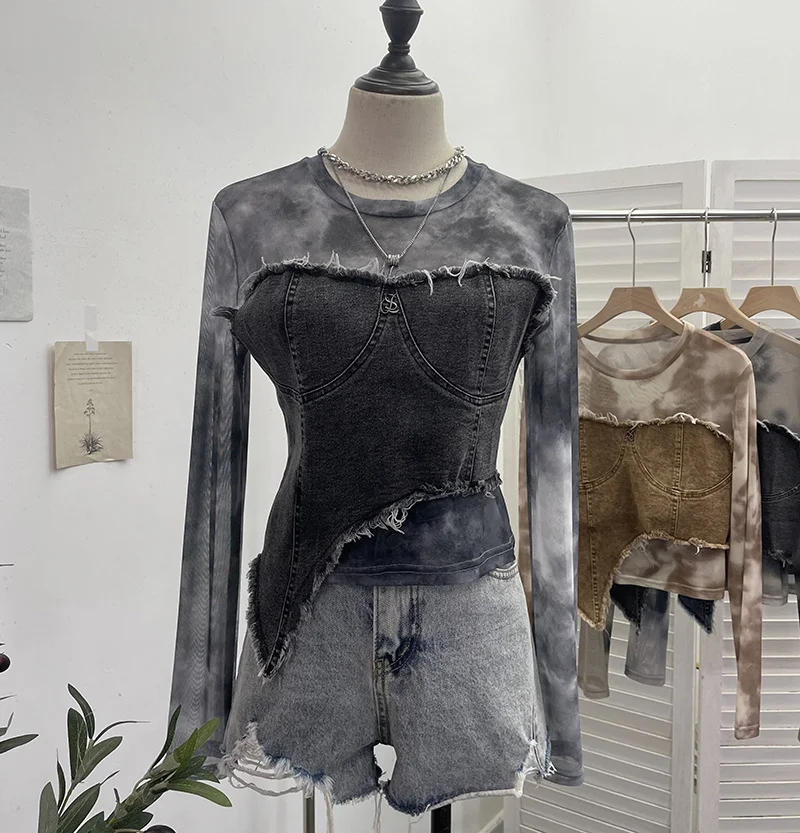 Uveng Vintage Dye Mesh Spliced Denim Shoulder Long-Sleeved T-Shirt T-Shirt T-Shirt Dress 2617