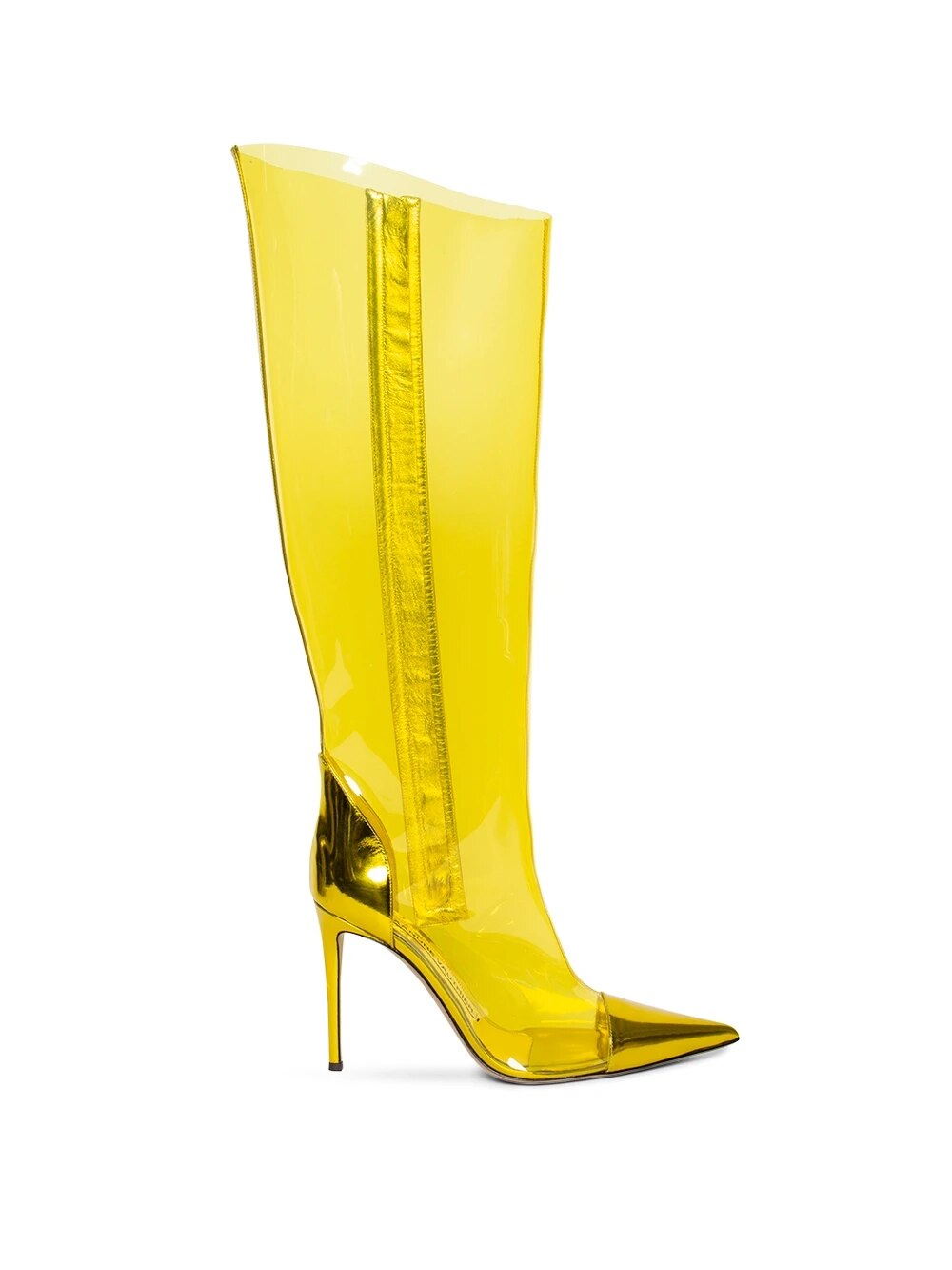 VCSHOES Transparent Clear Spike Heel Knight Boots Pointed Toe Party Shoes Shiny Yellow Leather Knee High Women Long Boots