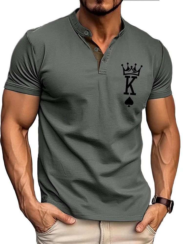 Men's Vintage Basics Patchwork King Print Short Sleeve Henley