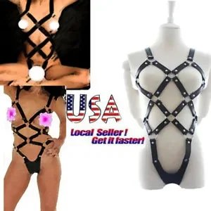pornhint Pornhint Sexy PU Leather Straps Body Harness Women Costume Cupless Chest Lingerie Bikini