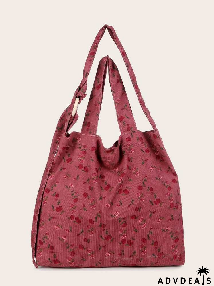 Allover Floral Corduroy Shoulder Tote Bag