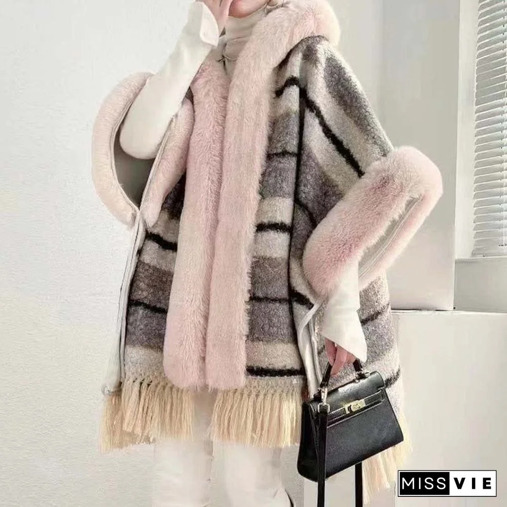 Plaid Print Furry Collar Fringed Casual Hooded Cloak Coat