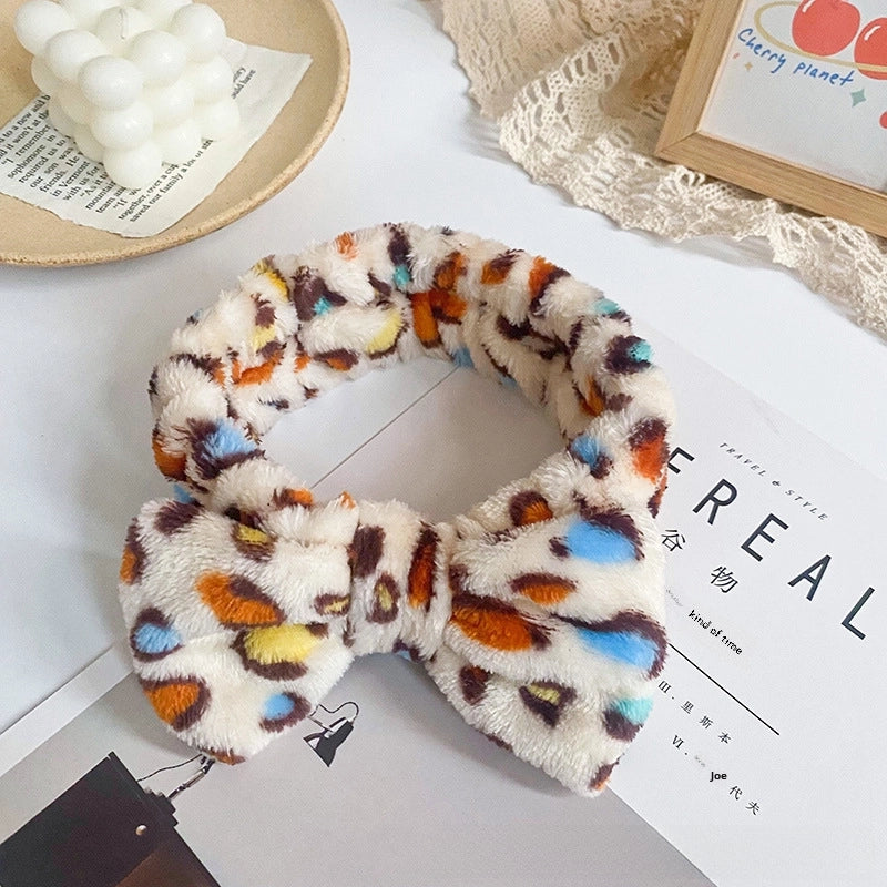 Leopard Stripe Bow Hair Band Women’s Face Washing Sports Hair Band Coral Fleece Hair Accessories