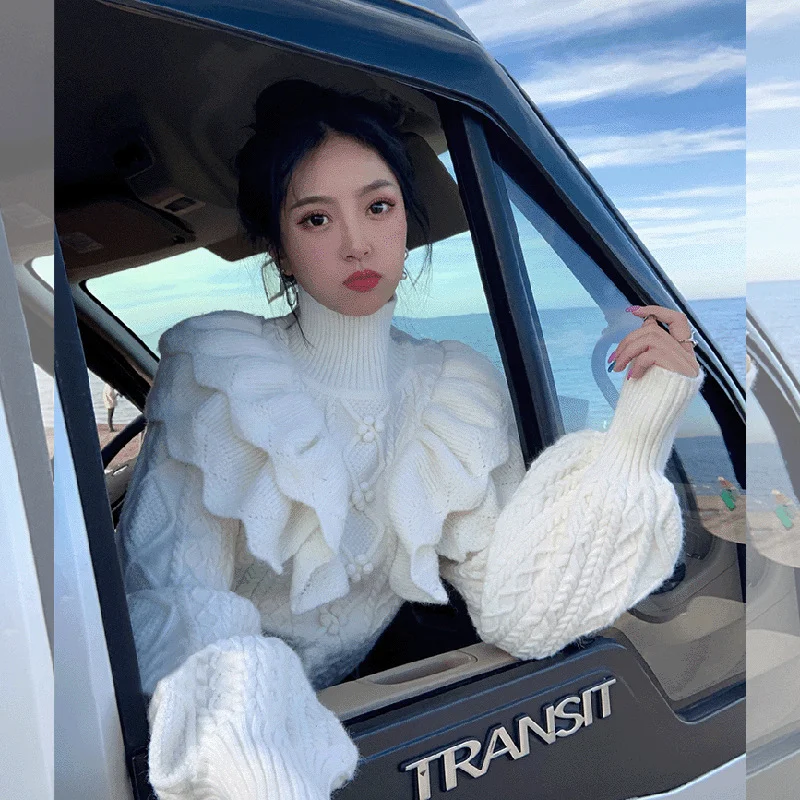 Churchf Churchf New Autumn And Winter Princess Wind Add Thick Versatile Western Style Jacket High Collar Temperament White Twist Heavy Industry Sweater Female