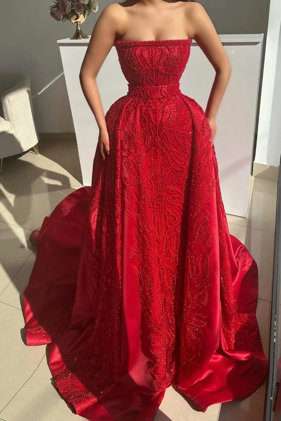 Daisda Red Sleeveless Strapless A-Line Mermaid Prom Dress With Beads