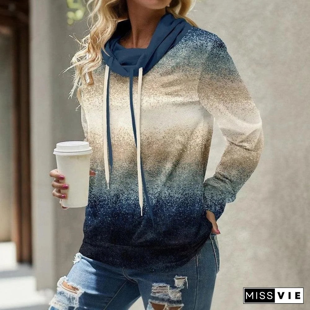 Chic Print Long Sleeve Drawstring Neck Top