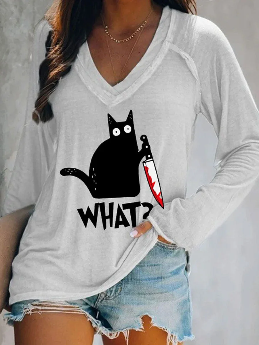 Halloween Fun Black Cat Print Double Layer V-Neck Long Sleeve T-Shirt