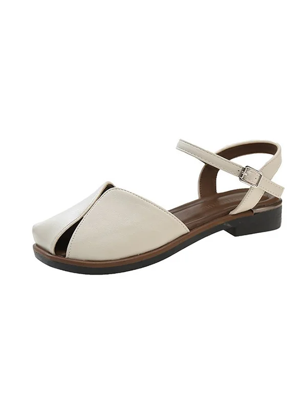 Belt Buckle Hollow Split-Joint Square-Toe Sandals Flat Shoes