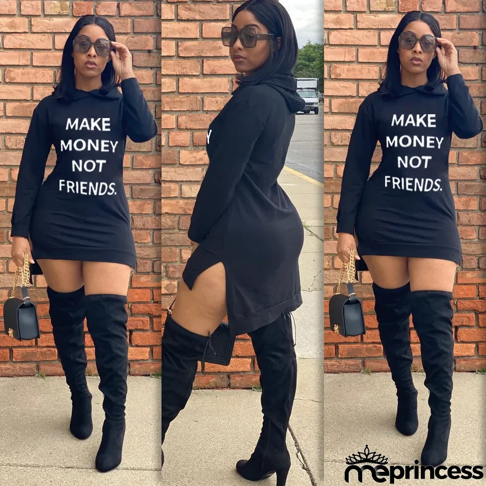 Women Fashion Sexy Print Letter Casual Solid Color Hooded Dress