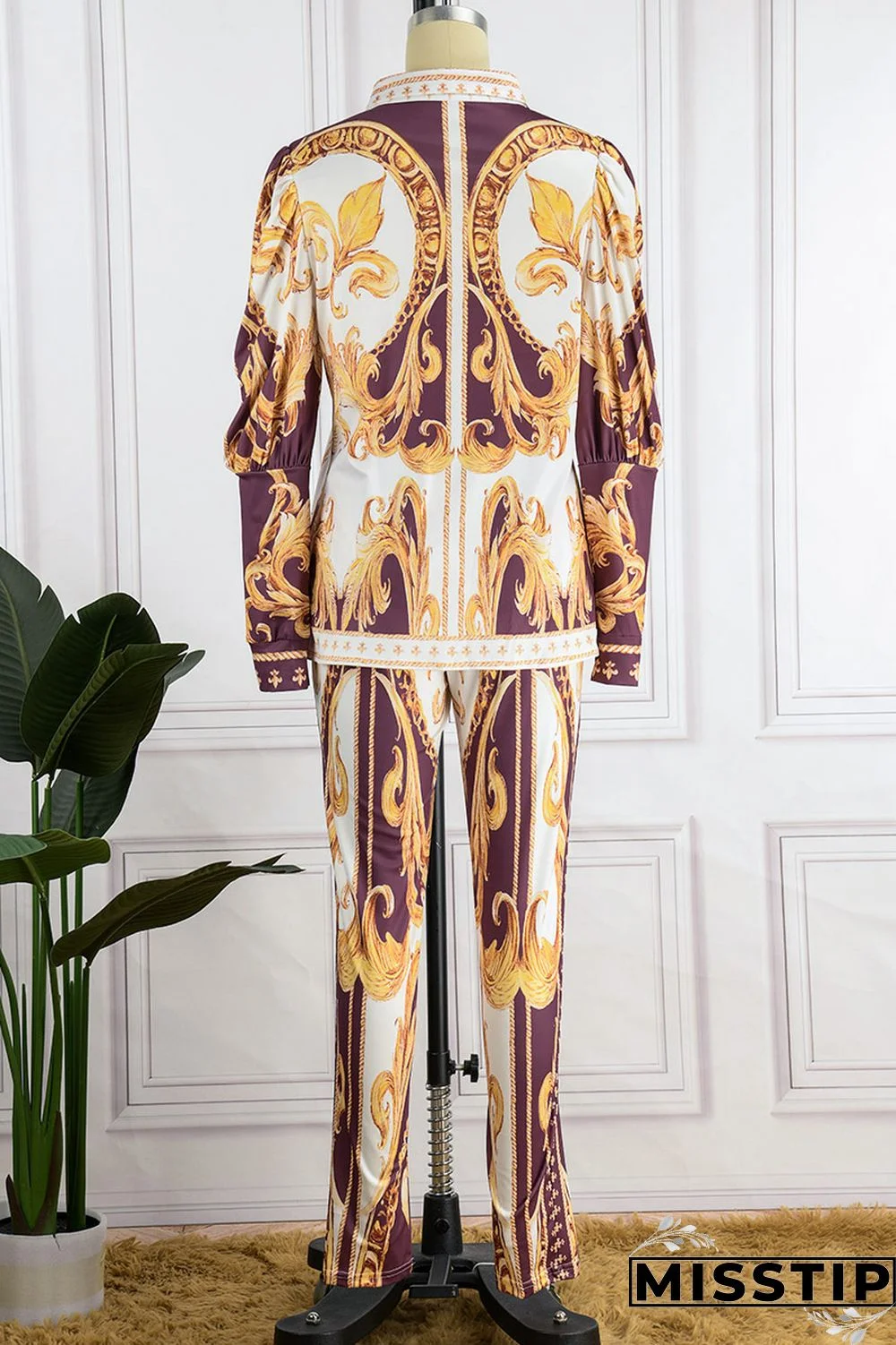 Deep Blue Casual Print Patchwork Turndown Collar Long Sleeve Two Pieces