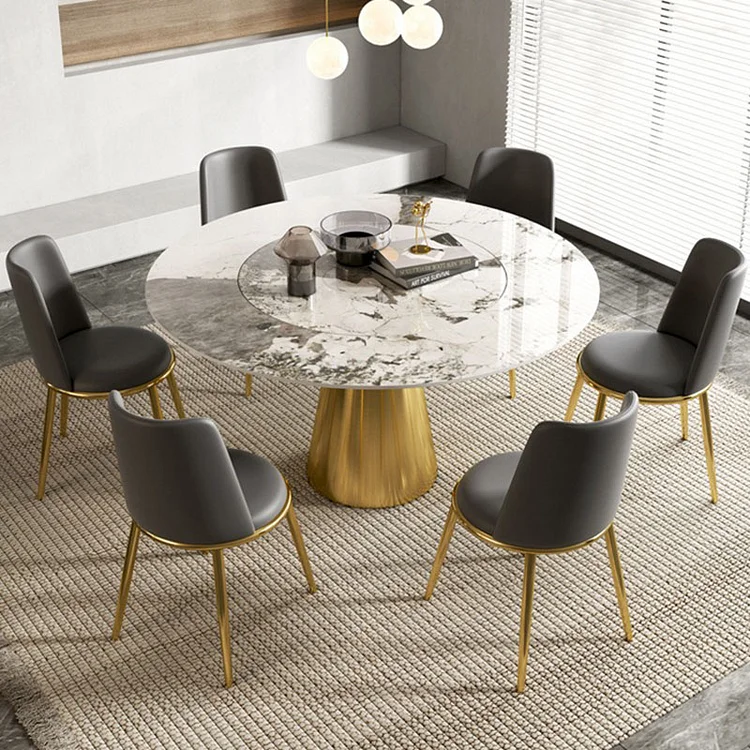 Homemys Modern Round Dining Table Sintered Stone Table With Inner Rotating Top, Stainless Steel Base
