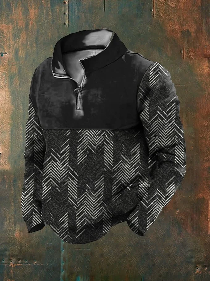 Men's Vintage Pattern Print Zipper Stand Collar Sweatshirt