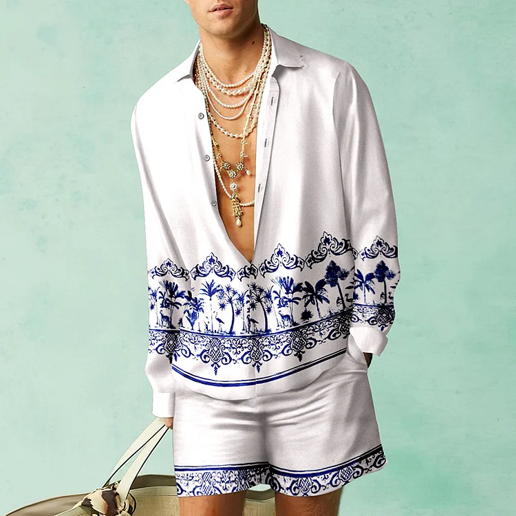 BrosWear Blue And White Porcelain Print Shirt And Shorts Co-Ord