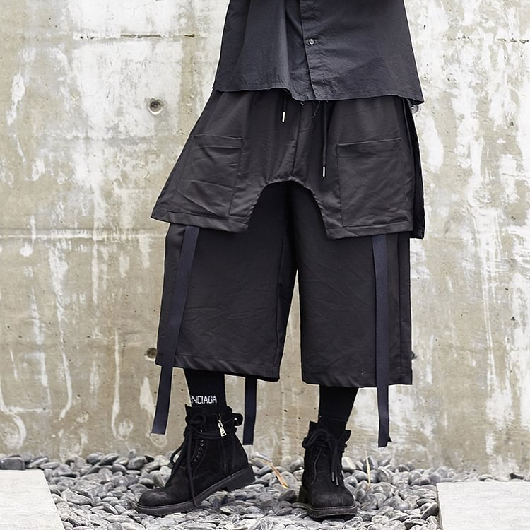 -Original Yamamoto Style Dark Black Yohji Loose Streamer Men's Skirt Pants Nine-point Pants X021P110-Dawfashion- Original Design Clothing Store-Halloween 2022