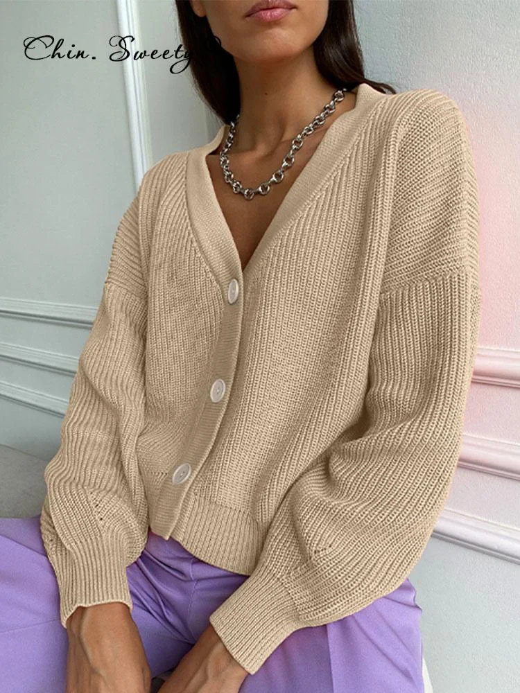ABEBEY-Back to School Knitted Cardigan For Women Long Sleeve Solid V-Neck Single Breasted Oversize Sweater Coat  Autumn Button Female Cardigans