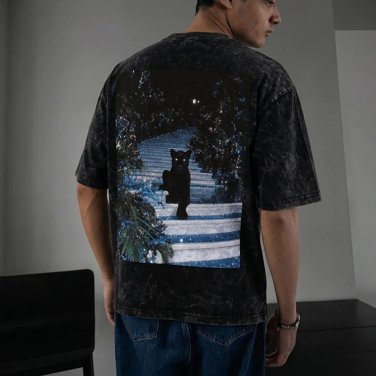 Black Panther Rhinestone Design Print Washed T-Shirt