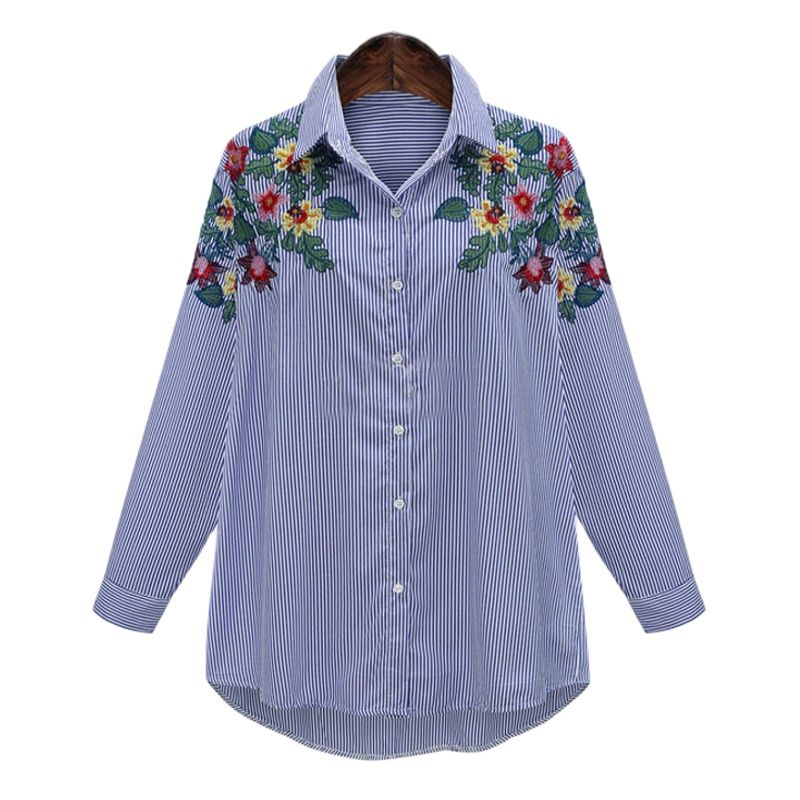 Spring Women's Turn Down Collar Long Sleeve Emrbroidery Shirts Plus Size L-4XL Striped Button Up Tops Spring Autumn T14412X