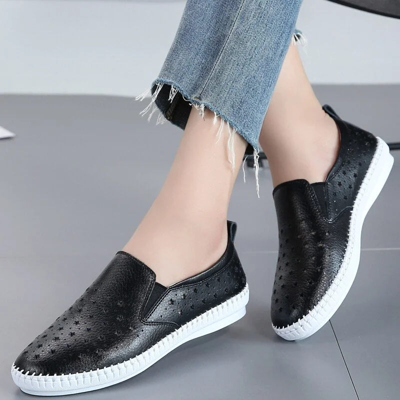 Women's Flats Shoes 2021 Spring Genuine Leather Loafers Black White Sneakers Women Shoes Slip On Shoes Tenis summer ballet flats