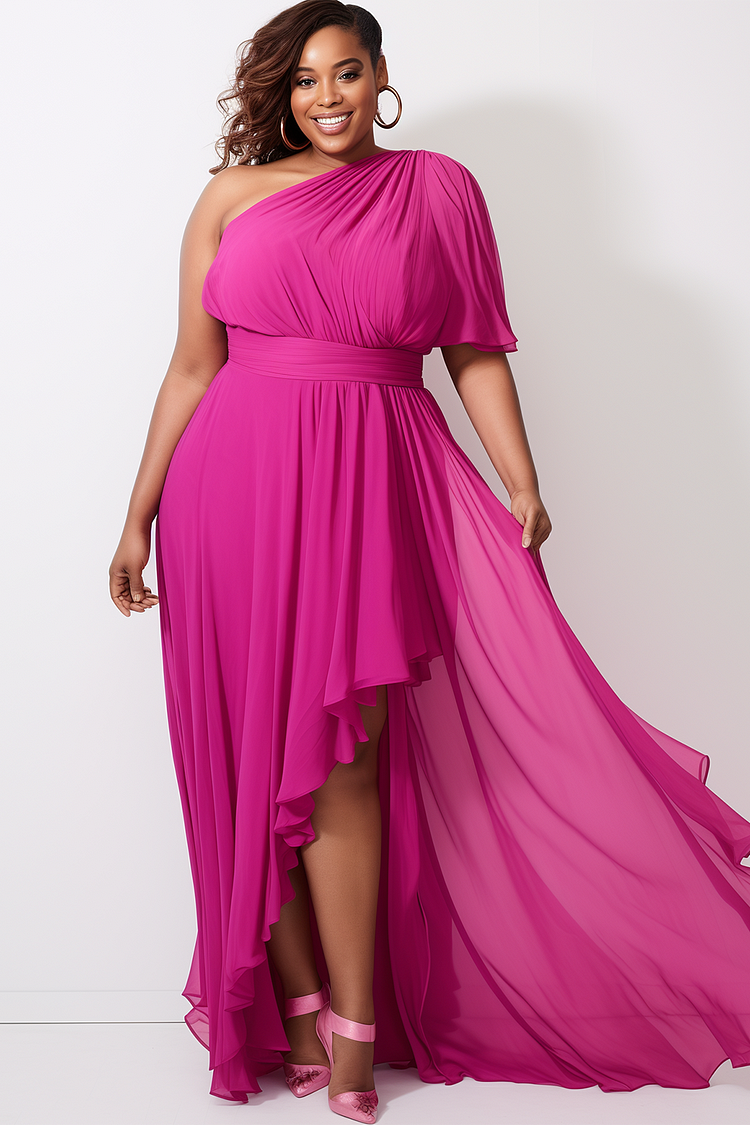 Xpluswear Design Plus Size Formal Hot Pink Oblique Collar Half Sleeve Irregular Hem Ruffled Fold Chiffon Maxi Dresses [Pre-Order]