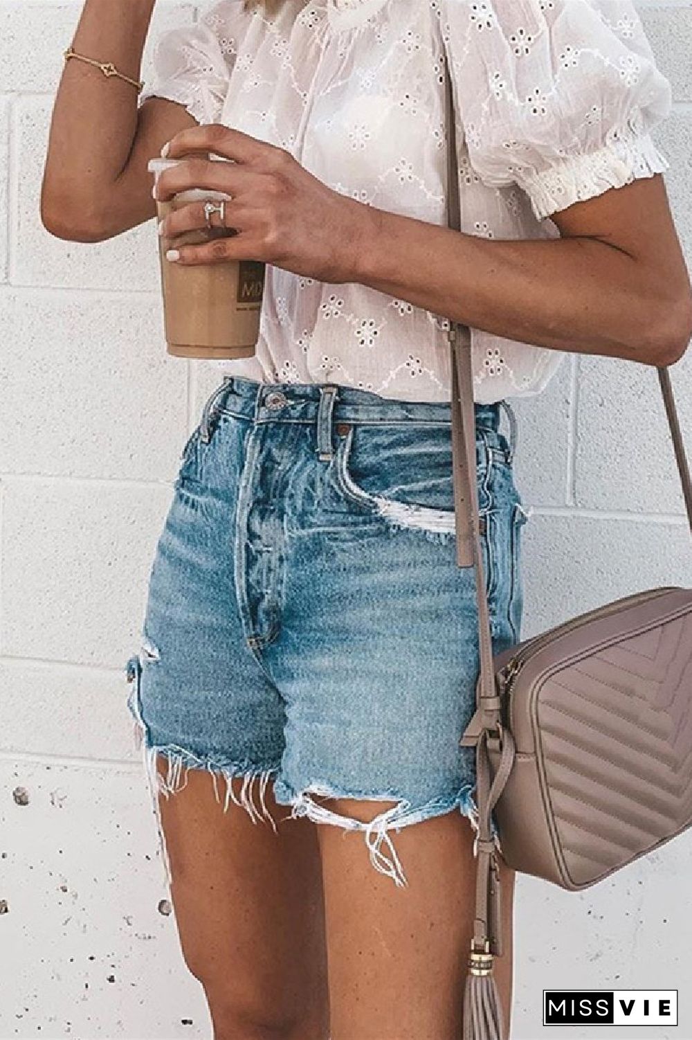 KarliDress Frayed Raw Hem Ripped Denim Shorts P12551