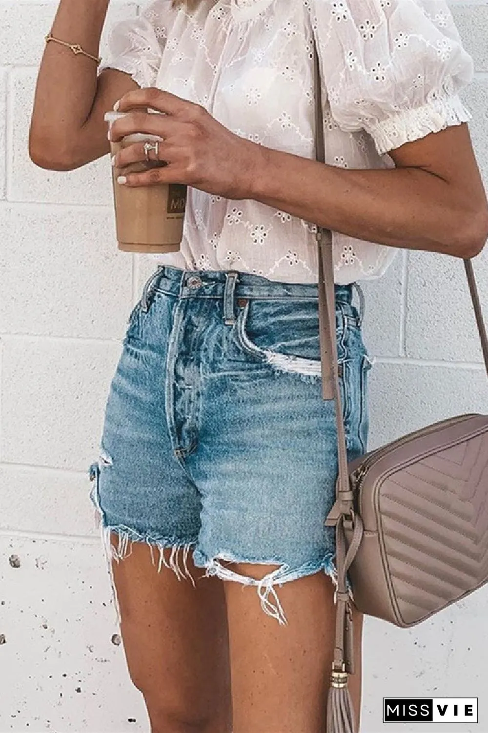 KarliDress Frayed Raw Hem Ripped Denim Shorts P12551