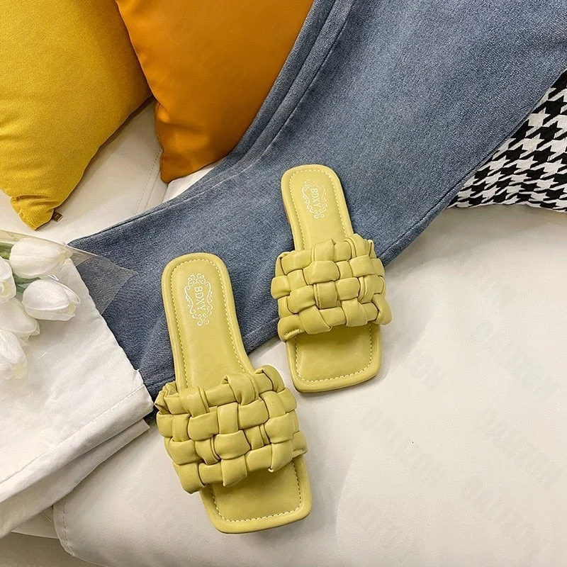 New Summer Women Open Toe Flat Casual Woven Knitted Slippers Shoes Woman Flip Flops Flats Sandals Slippers Slip On Slides Shoes