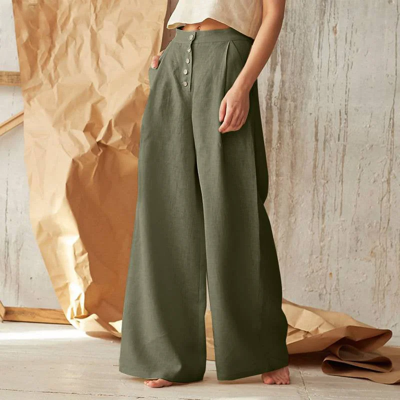 Women's solid color high waist casual button cotton linen wide leg pants