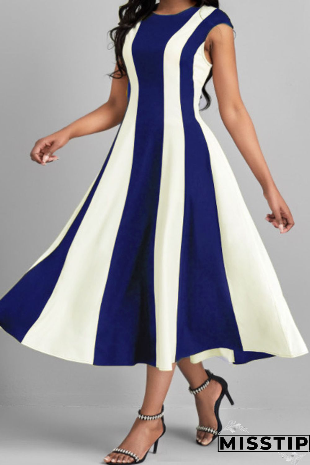 Black Casual Striped Print Patchwork O Neck A Line Dresses