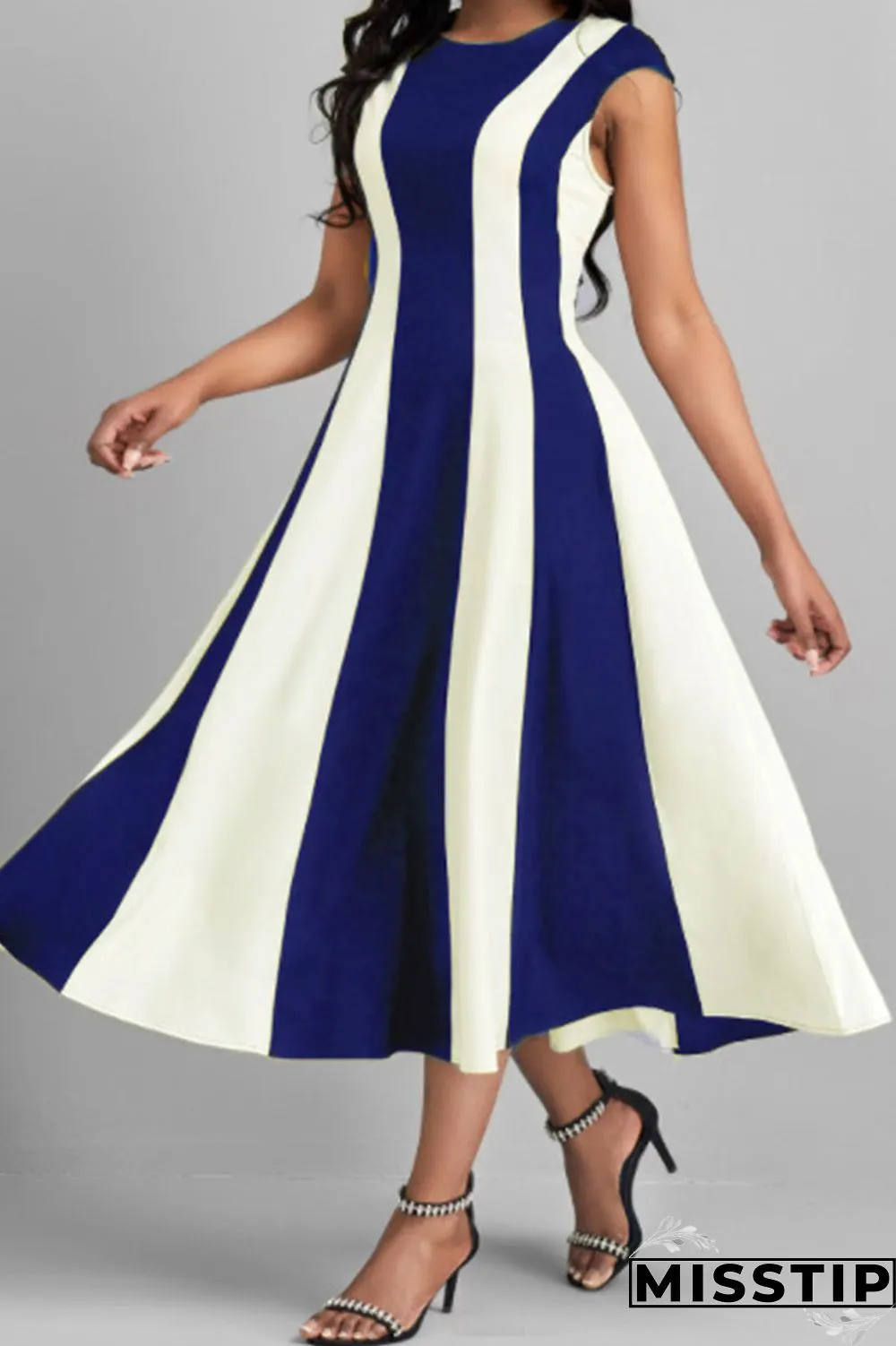 Black Casual Striped Print Patchwork O Neck A Line Dresses