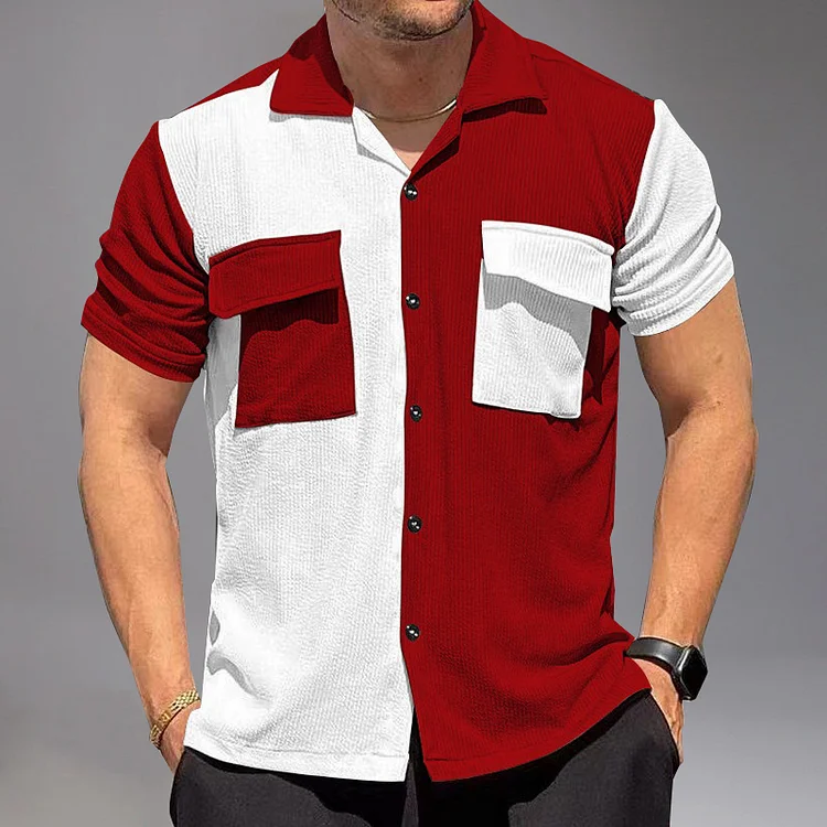 Casual Corduroy Color Blocks Flap Pocket Button Short Sleeve Shirt Okaywear