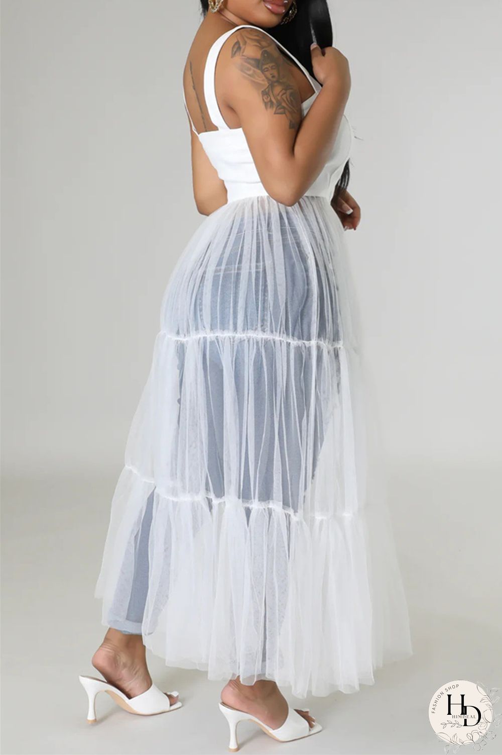 Yellow Casual Simplicity Solid Patchwork Fold Mesh Spaghetti Strap High Waist Tops